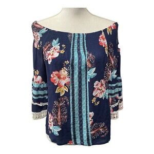 Haute Project Off Shoulder Floral Bell Sleeve Top‎ Blouse Blue Medium